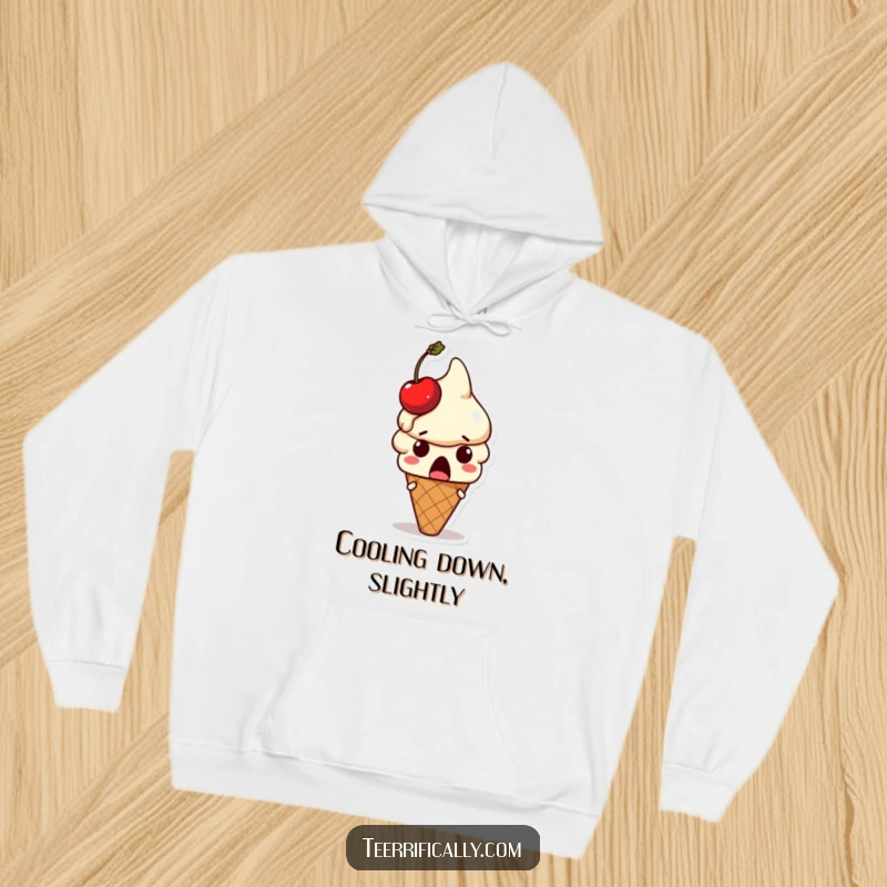 Funny ice cream hoodie: Surprised ice cream cone character with a melting cherry on its head, a funny gift.