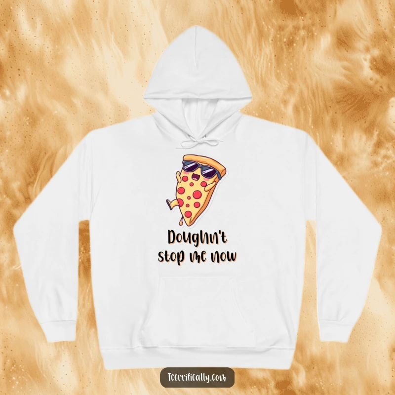 Funny pizza slice wearing sunglasses in a hoodie doing a somersault, warm and cozy gift.