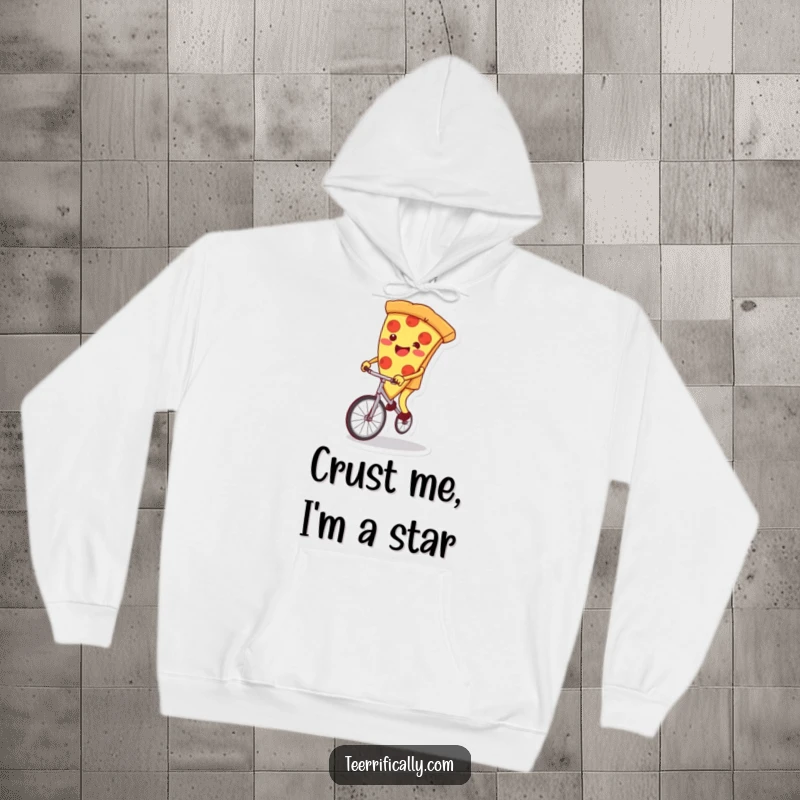 Funny pizza slice hoodie, determinedly riding a wobbly unicycle, radiating pure joy and a sense of adventure. Perfect humorous present.
