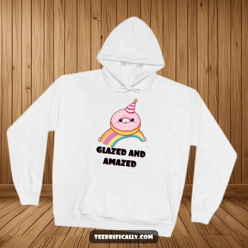 Funny donut with a festive party hat joyfully descending a vibrant rainbow, featured on a warm hoodie.