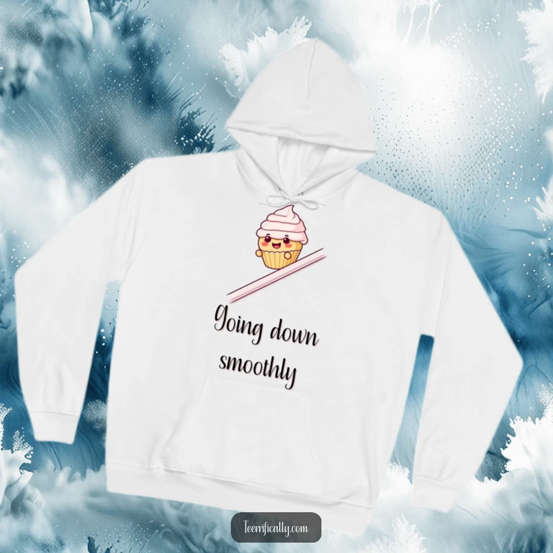 Funny cupcake banister hoodie, comfortable apparel featuring a small cupcake with eyebrows sliding down a banister with excitement.