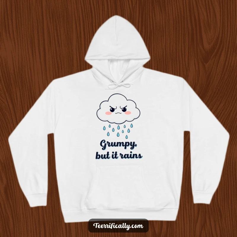 Funny hoodie with a grumpy cloud raining cheerful little raindrops, offering warmth and a unique sense of humor.