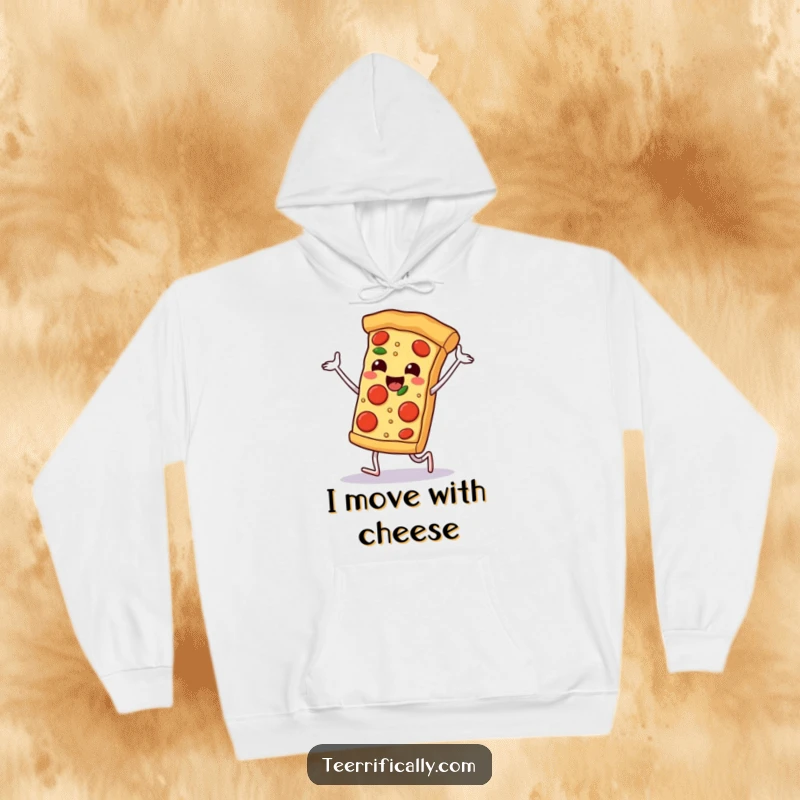 Funny happy pizza slice dancing with pepperoni feet, soft and cozy hoodie, humorous food apparel, celebrating pizza love.