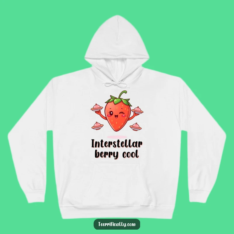 Cozy Funny Strawberry Juggling Saucers Hoodie - Warm Cosmic Comfort Gift