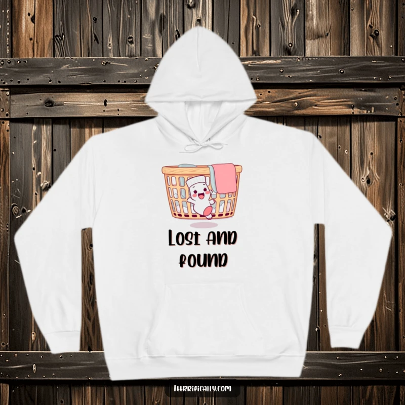 Funny hoodie featuring a delighted sock in a comical chase around a laundry basket after its missing partner, a humorous apparel choice.