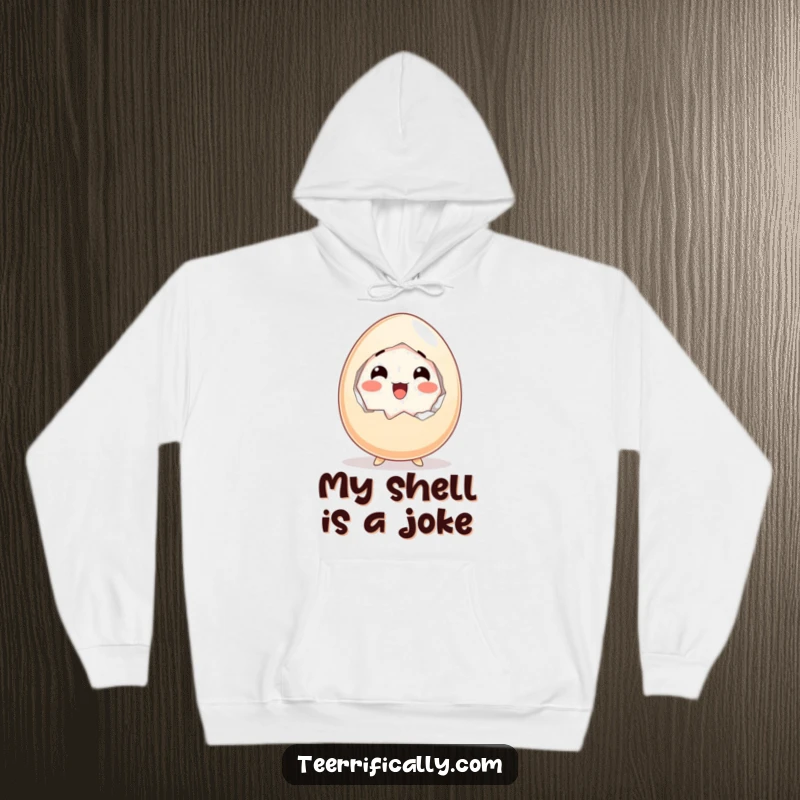 Funny hoodie showcasing a surprised cartoon egg happily cracking itself open with wide, delighted eyes.