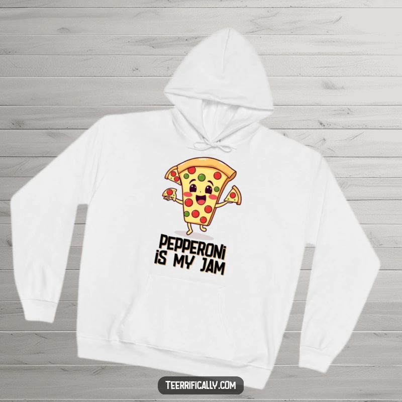 Funny pizza hoodie: Happy pizza character juggling three runaway pepperoni slices, a funny gift.