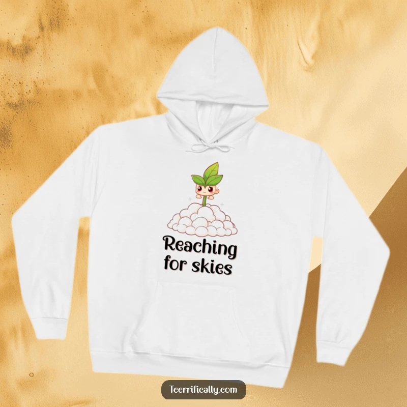 Funny hoodie showing a persistent little sprout triumphantly emerging from a heap of soft, airy clouds.
