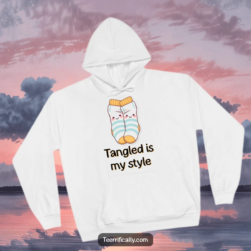 Funny Hoodie showcasing playful sock characters happily intertwined in a knot, offering warmth and humorous comfort.