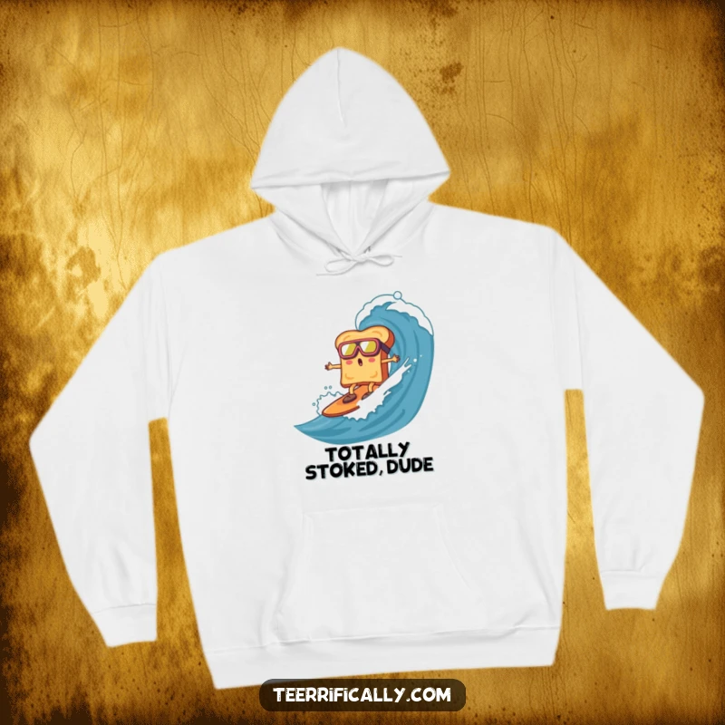 Funny toast with goggles, surfing a marmalade wave, on a soft hoodie, exuding humorous adventure and breakfast fun.