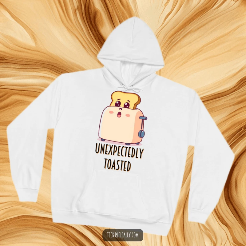 Funny cartoon toast popping out of a toaster, showing shock and delight, warm and cozy hoodie, humorous breakfast apparel.