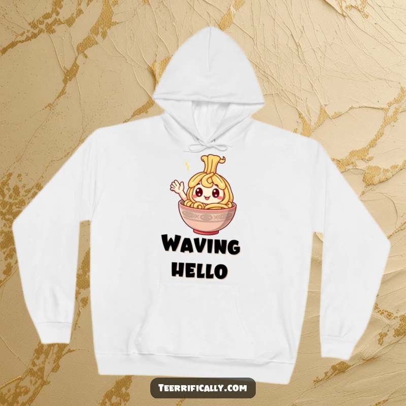 Funny Hoodie depicting a happy noodle with large googly eyes, waving from a steaming bowl, exuding warmth and playful energy.