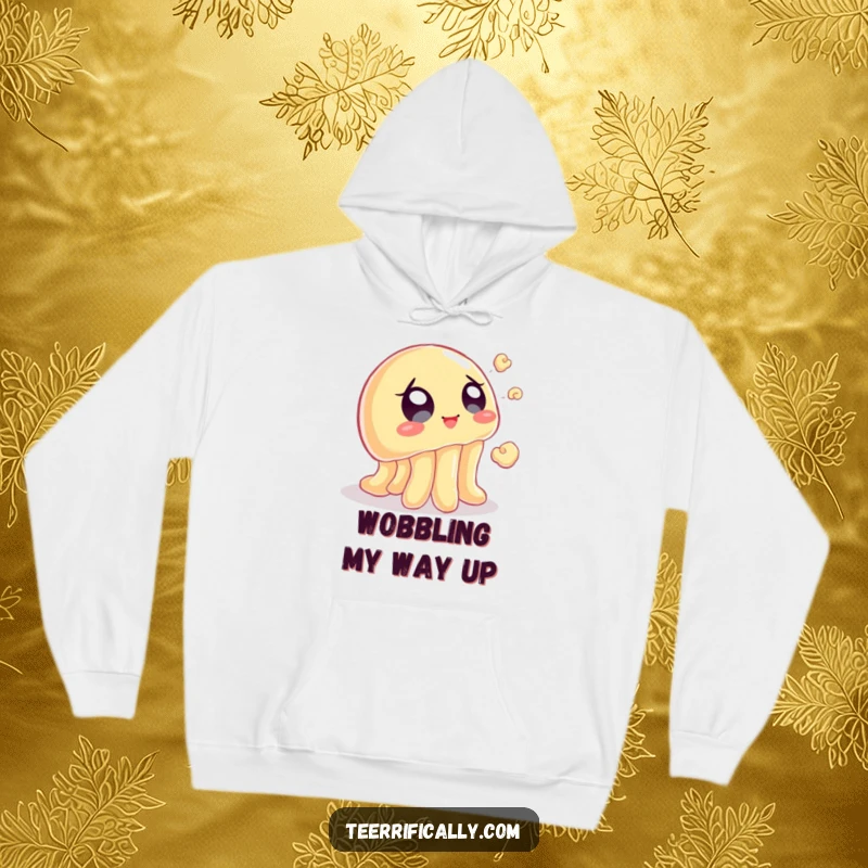 Funny hoodie featuring a wobbly jelly with eager eyes chasing a flying popcorn kernel, perfect for cozy, humorous movie nights.