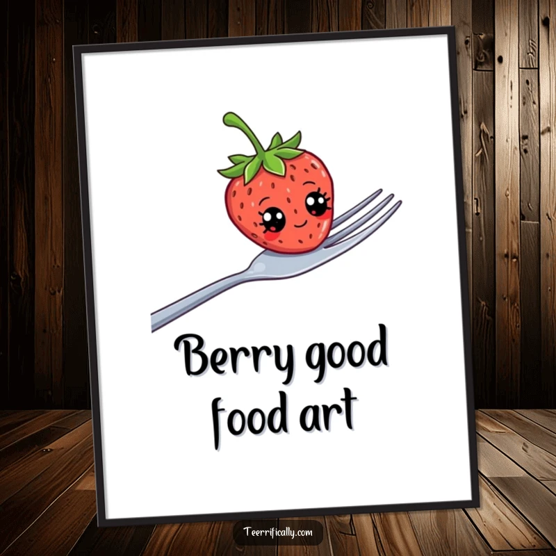 Funny free printable wall art: A comical strawberry with googly eyes balancing precariously on a giant fork.