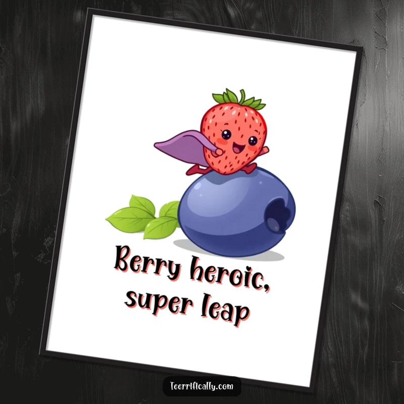 Funny Free Printable Wall Art: A happy strawberry with a superhero cape leaps over a large blueberry with energetic flair.