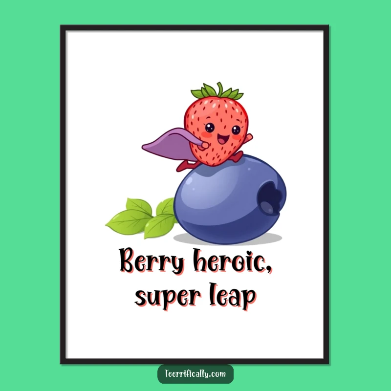 Free Printable Wall Art: Superhero Strawberry Art, Fruity Hero Leaping for Whimsical Decor