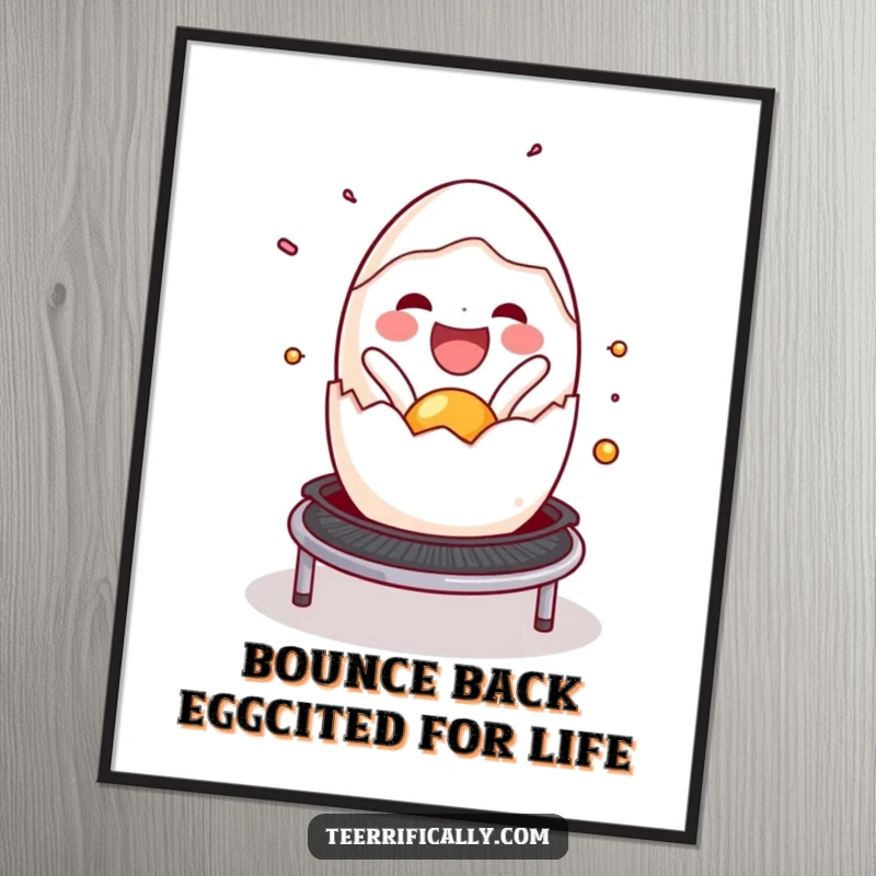 Funny Free Printable Egg Wall Art: Delighted cracked egg bursting with pure joy, bouncing exuberantly on a small trampoline.