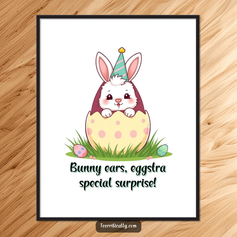 Funny Free Printable Wall Art: A fluffy bunny wearing a party hat peeks from a giant Easter egg.