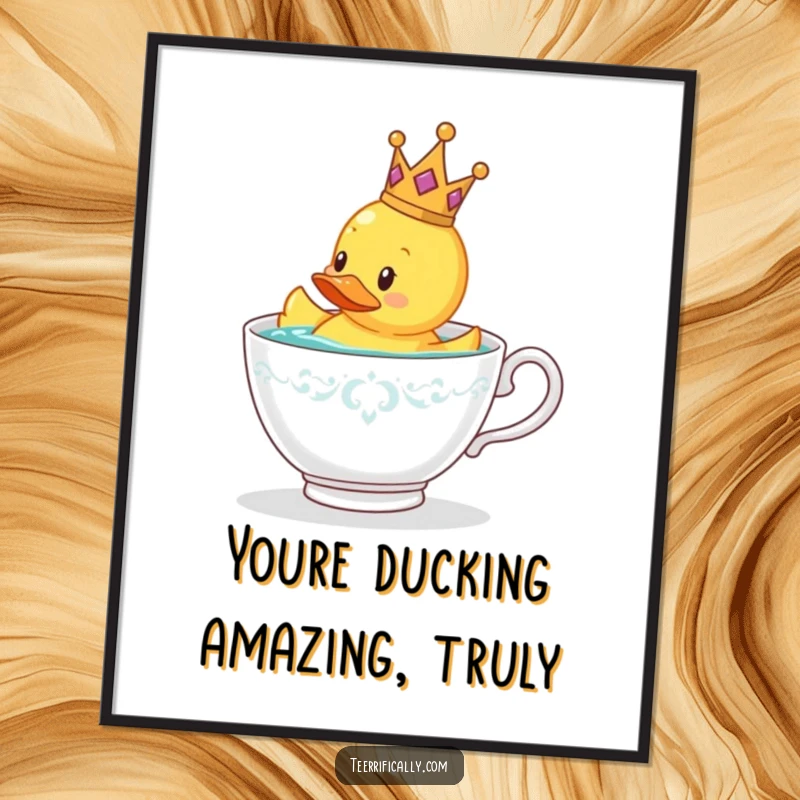 Funny Free Printable Wall Art: A rubber duck sporting a tiny crown elegantly floats in a teacup, creating a whimsical and regal downloadable piece.