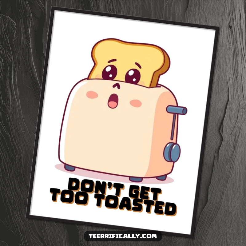 Funny Free Printable Wall Art: Cartoon toast comically popping out of a toaster, with a look of utter shock and delight.