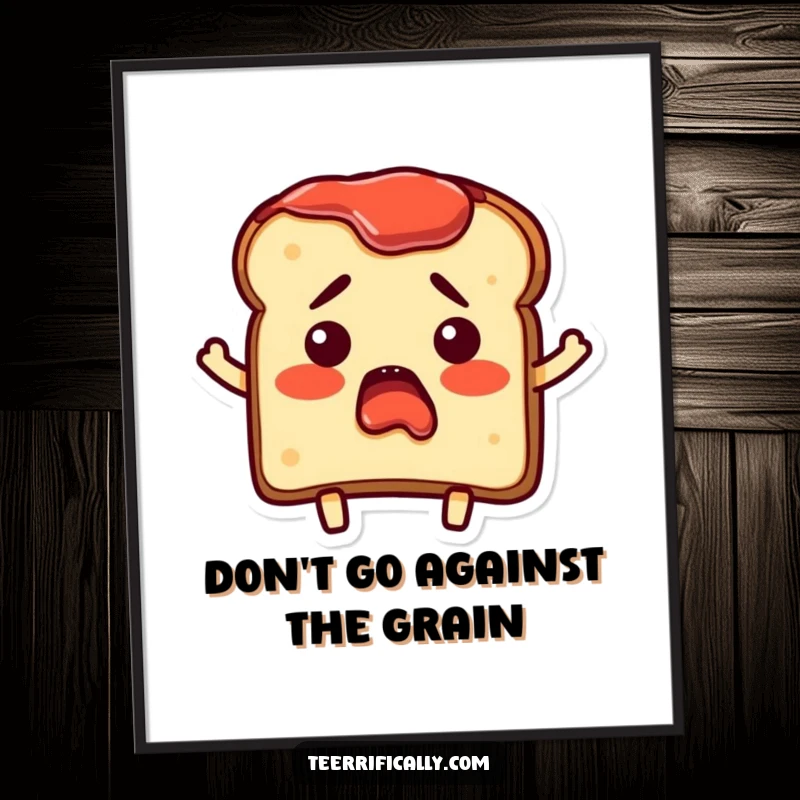 Funny Free Printable Wall Art of a piece of toast with a bewildered expression and jam spread on its edges in comical surprise.