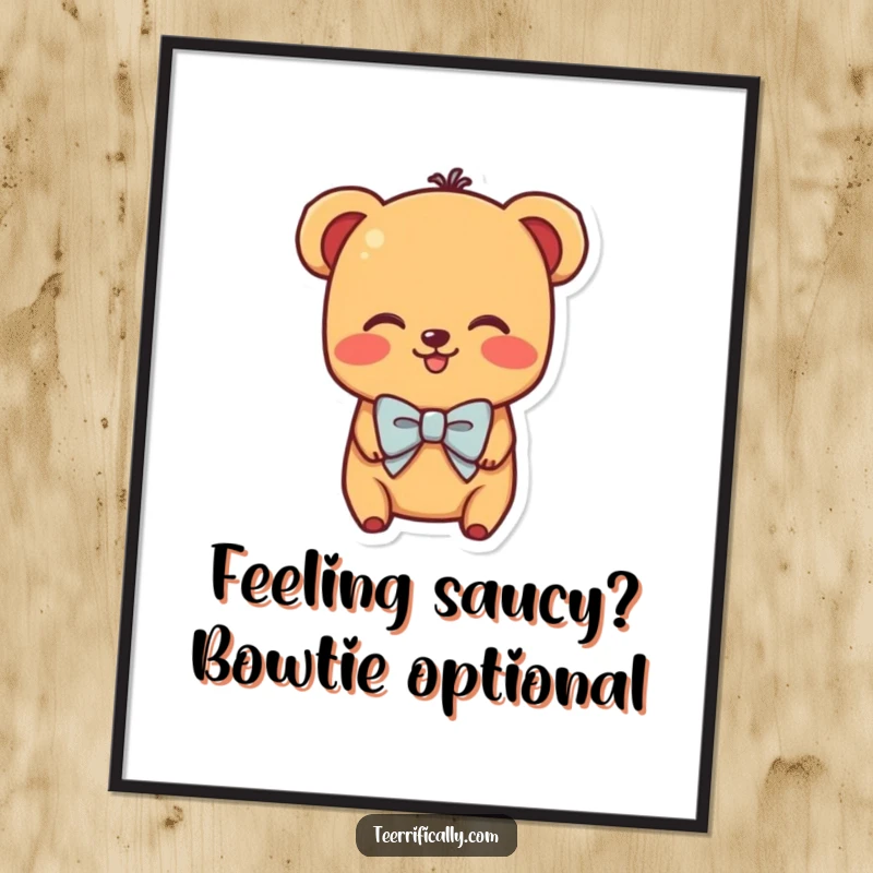 Funny Free Printable Wall Art: A shy hot dog wearing a small bowtie, blushing adorably, adding whimsical charm.