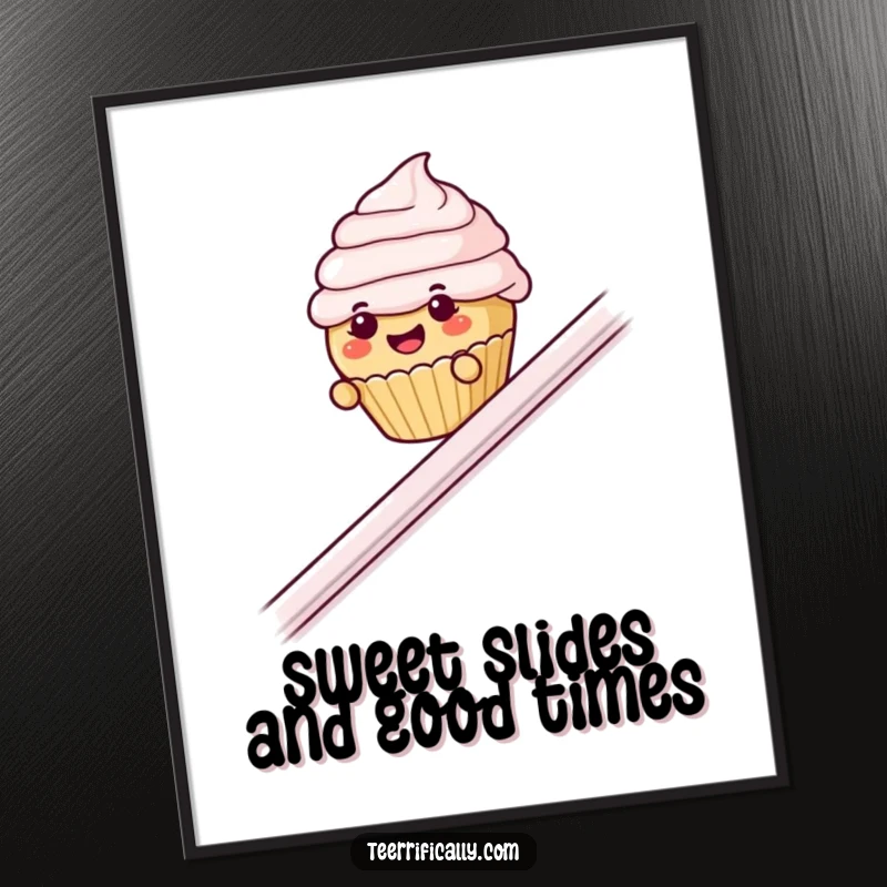 Funny Free Printable Wall Art: Cupcake with frosting eyebrows slides gleefully down a banister, adding playful decor.
