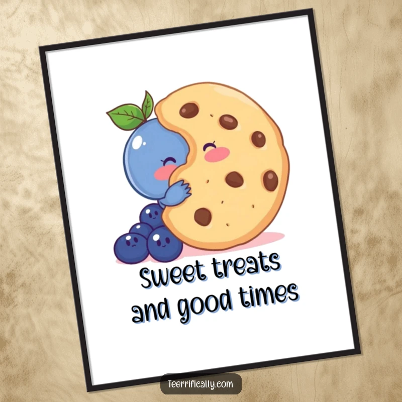 Funny Free Printable Blueberry Wall Art: A shy blueberry blushes behind a giant cookie, a downloadable decor piece.