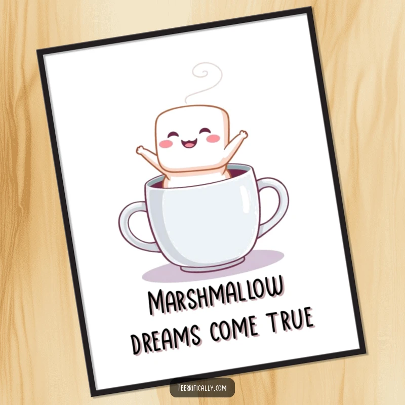 Funny Free Printable Marshmallow Wall Art: A fluffy marshmallow jumps joyfully from a mug, adding downloadable cheer.