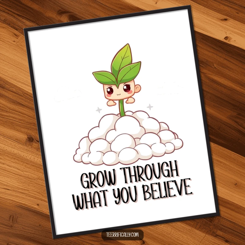Funny Free Printable Wall Art: A determined little sprout heroically pushing through fluffy clouds, symbolizing perseverance and hope.