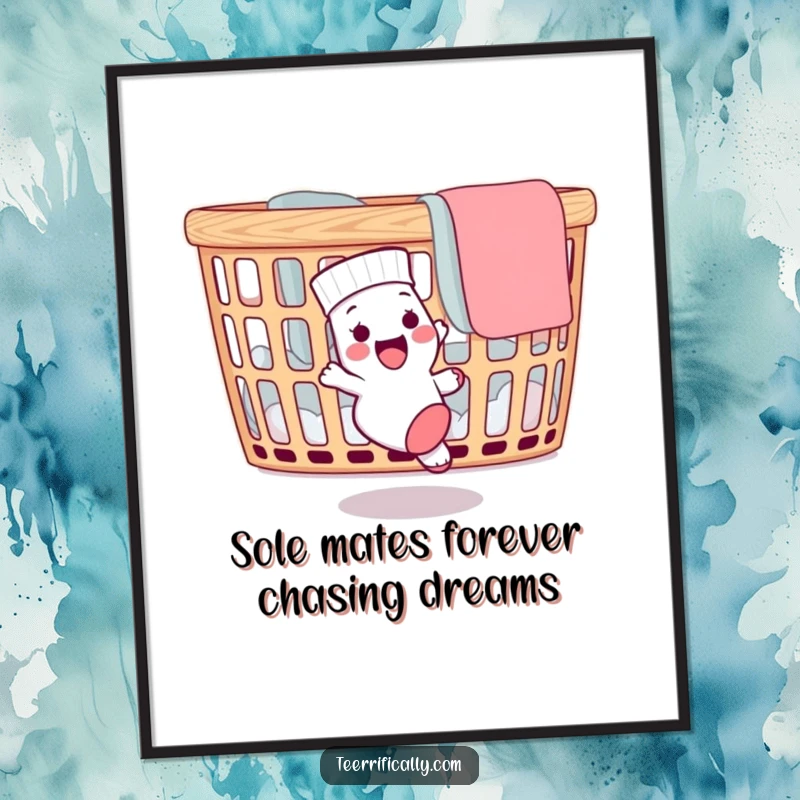 Funny Free Printable Wall Art: A delighted sock chasing its runaway mate around a whimsical laundry basket, with loose threads flying.