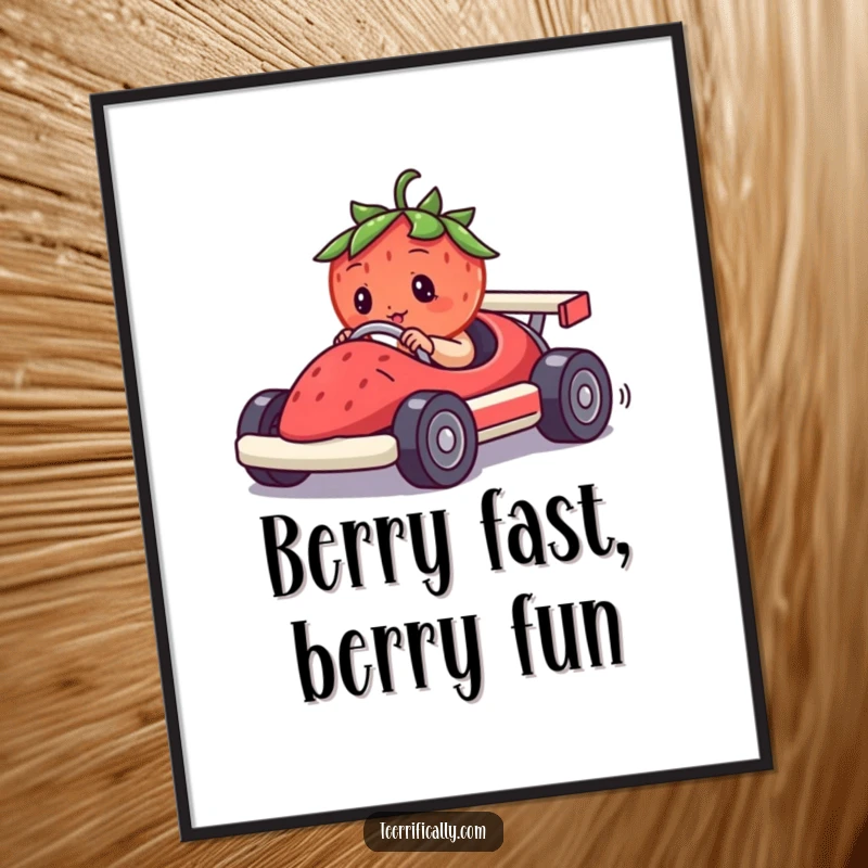 Funny Free Printable Wall Art: A determined strawberry in a tiny berry race car, zooming with a smile, on a checkered background.