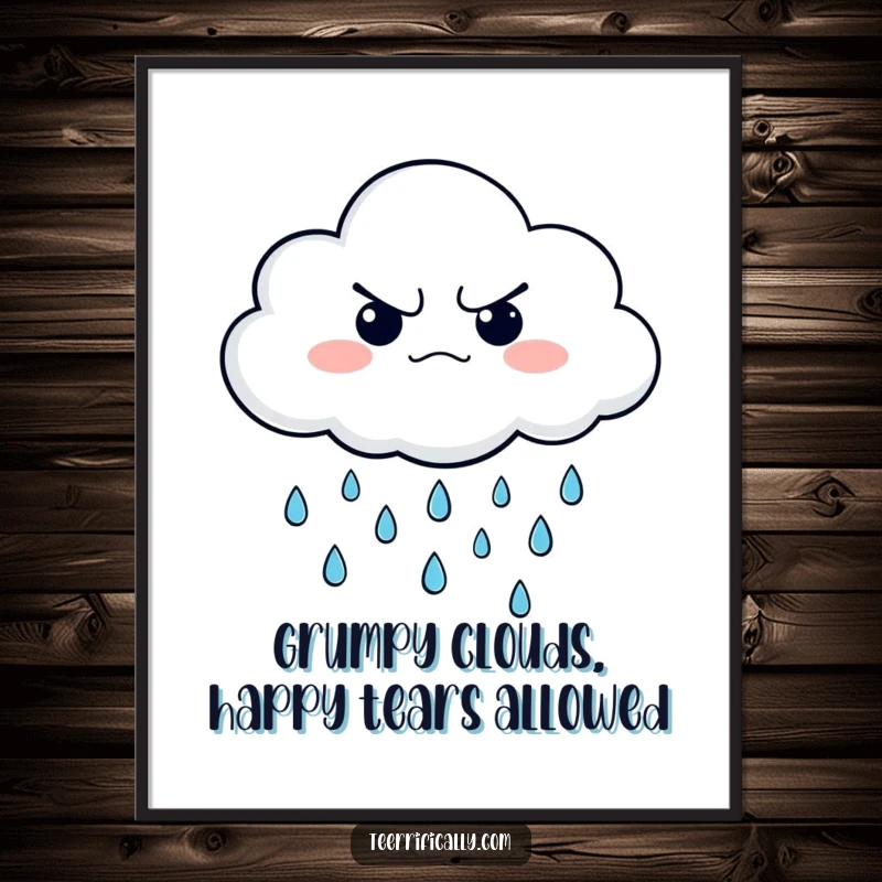 Funny Free Printable Wall Art: A grumpy cloud character raining surprisingly happy little raindrops, adding whimsical contrast.