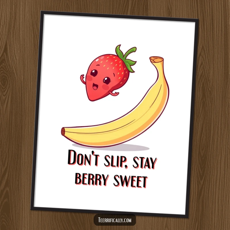 Funny Free Printable Strawberry Wall Art: A surprised strawberry balances precariously on a banana peel, adding humor.