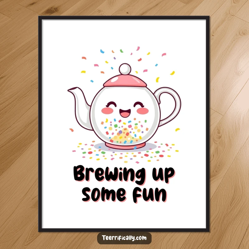 Funny Free Printable Wall Art: A happy teapot overflows with colorful confetti, creating a festive cascade.
