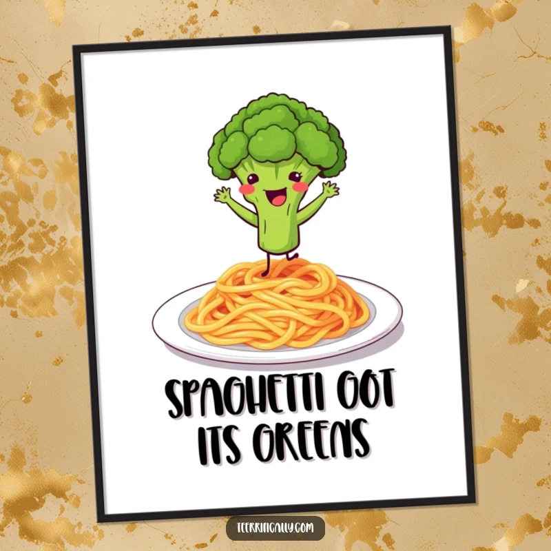 Funny Free Printable Wall Art: A happy broccoli floret does a joyful dance on a plate of spaghetti, adding visual fun.