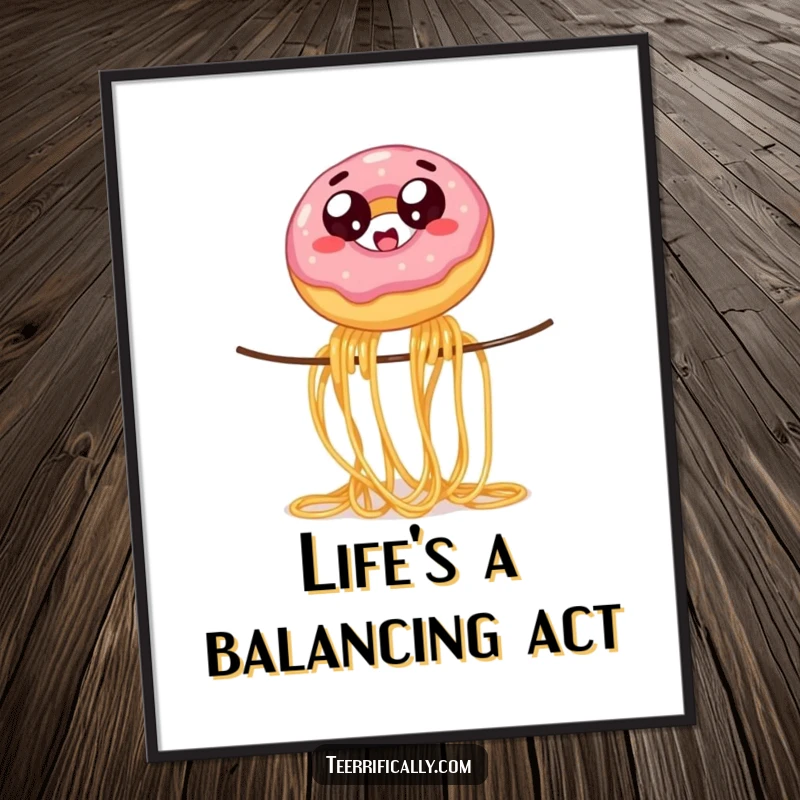 Funny Free Printable Wall Art: Wide-eyed jelly donut wobbling while balancing on a spaghetti strand