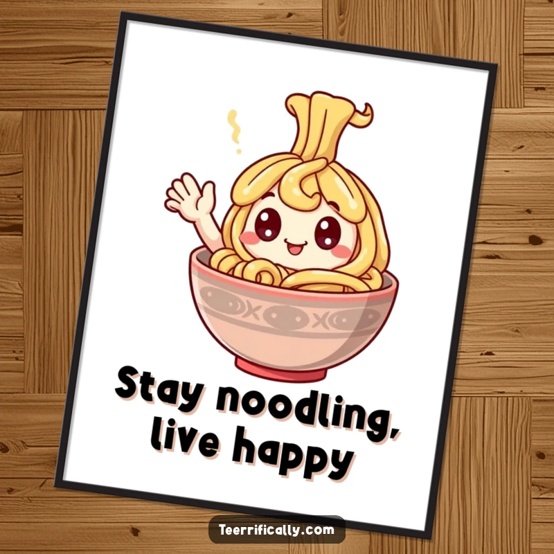 Funny Free Printable Wall Art: A cheerful noodle with googly eyes waving happily from a steaming bowl of broth.