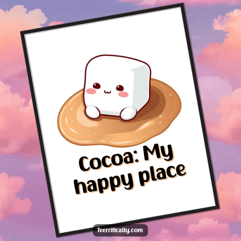 Funny Free Printable Wall Art of a content marshmallow lounging in a mug of hot cocoa, radiating chill vibes.