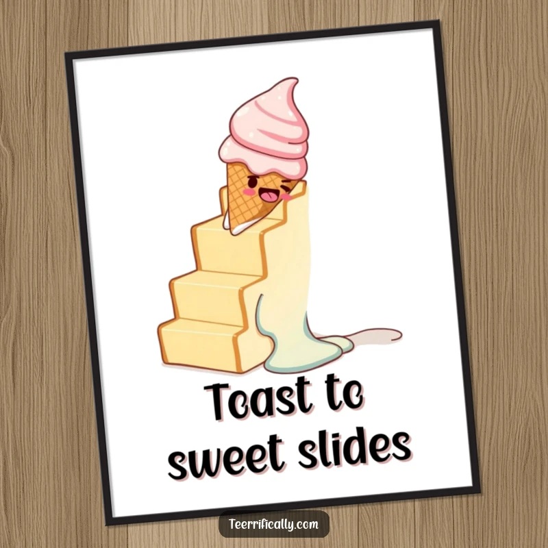 Funny Free Printable Wall Art: A melting ice cream cone hilariously slides down a staircase made of toast, perfect for kitchen decor.