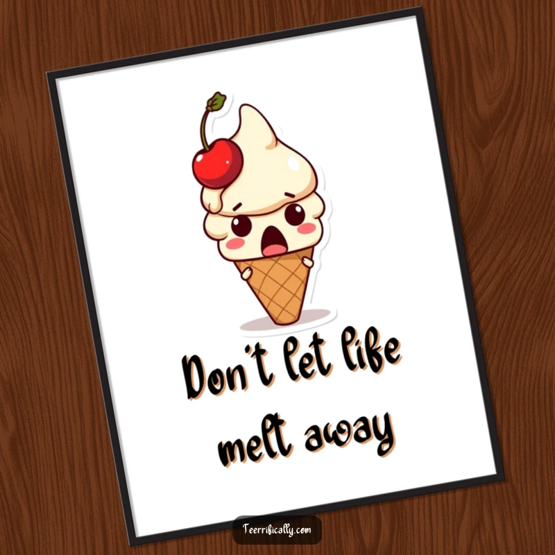 Funny Free Printable Wall Art: Surprised ice cream cone with a cherry melting off its head, a sweet piece.