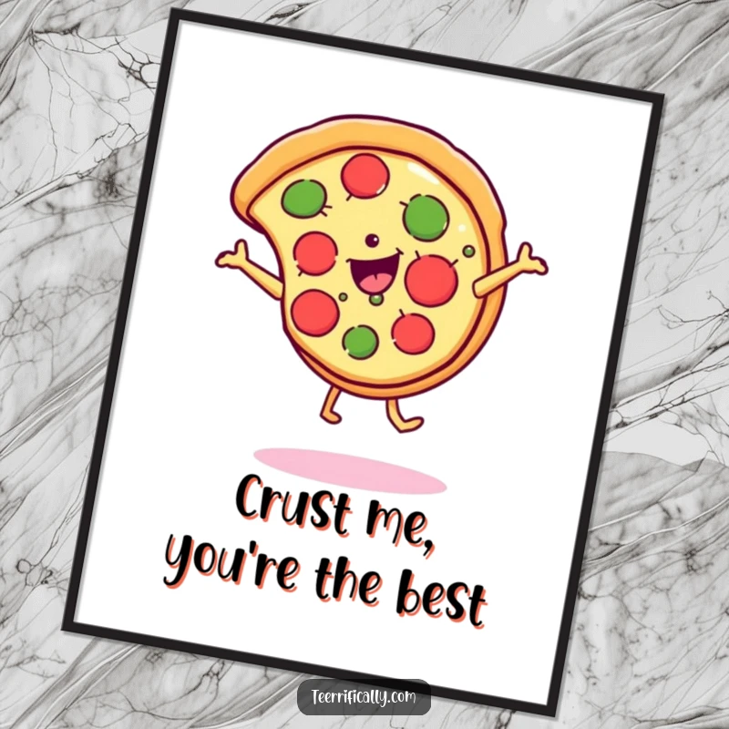 Funny Free Printable Wall Art: A happy pizza slice performing an energetic cartwheel with a wide, cheesy grin.