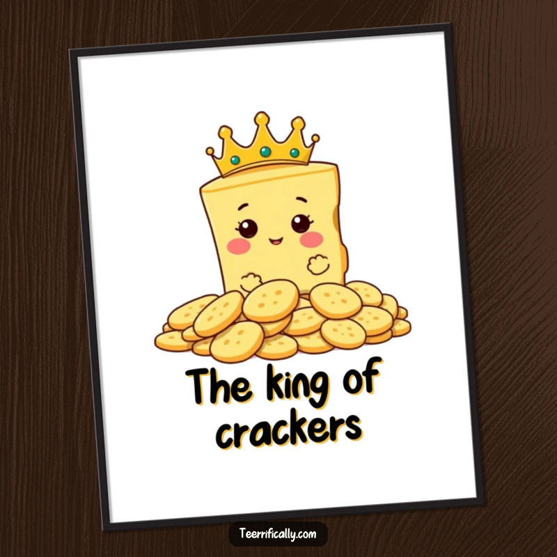 Funny Free Printable Wall Art: A proud slice of cheese wearing a tiny crown surveys a pile of crackers, ruling the roost.