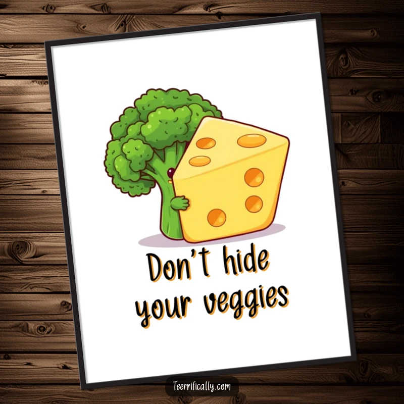 Funny Free Printable Wall Art: A timid broccoli floret hides behind a massive, cheerful, grinning cheese slice.