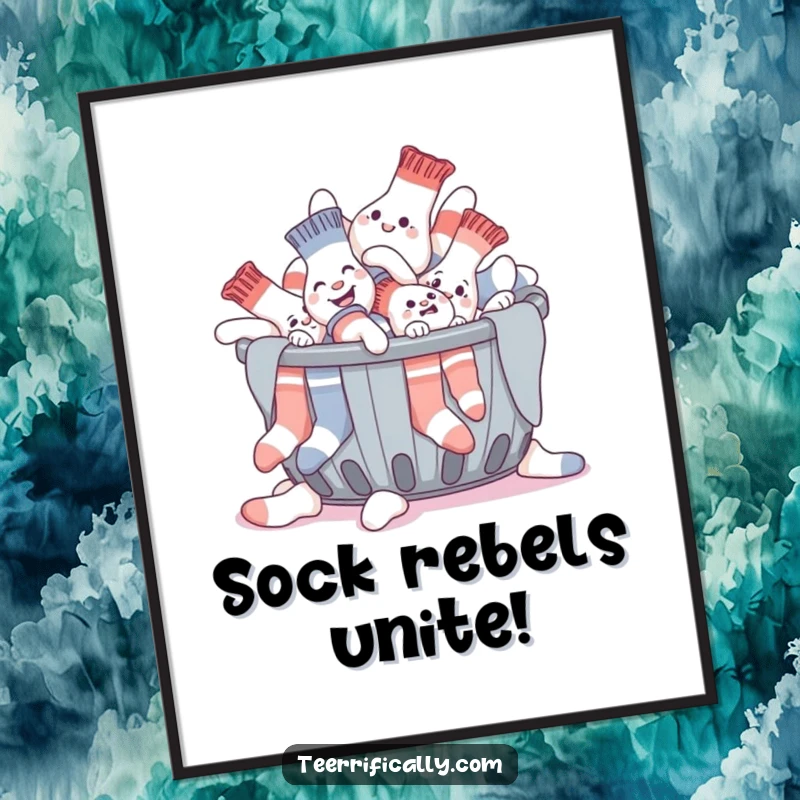 Funny Free Printable Wall Art: A giggling pile of socks makes a chaotic escape from a overflowing laundry basket.