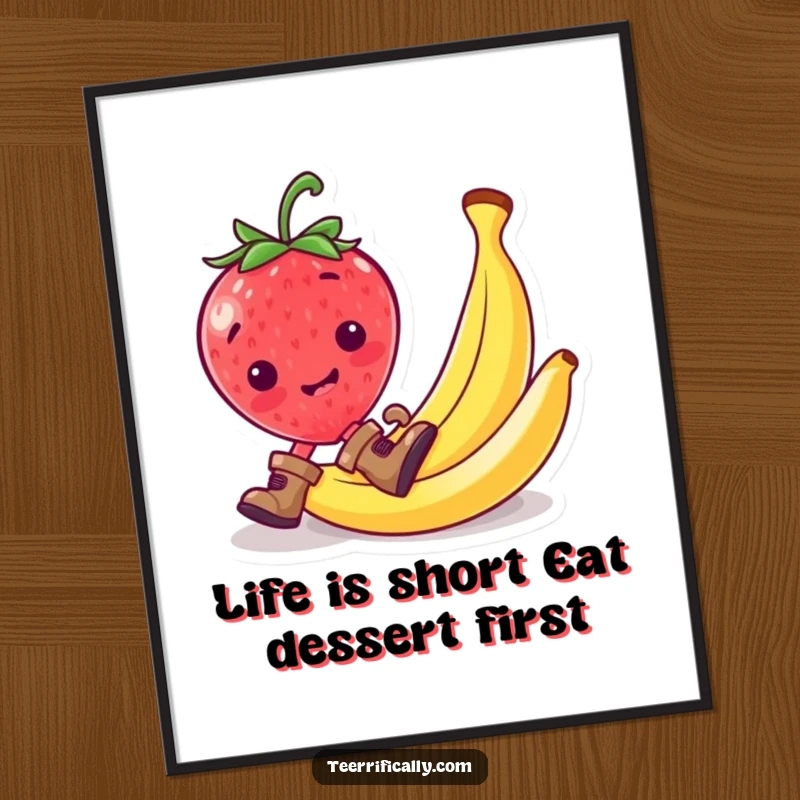 Funny Free Printable Wall Art of a mischievous strawberry wearing tiny boots and comically sliding on a banana peel, bringing laughter.