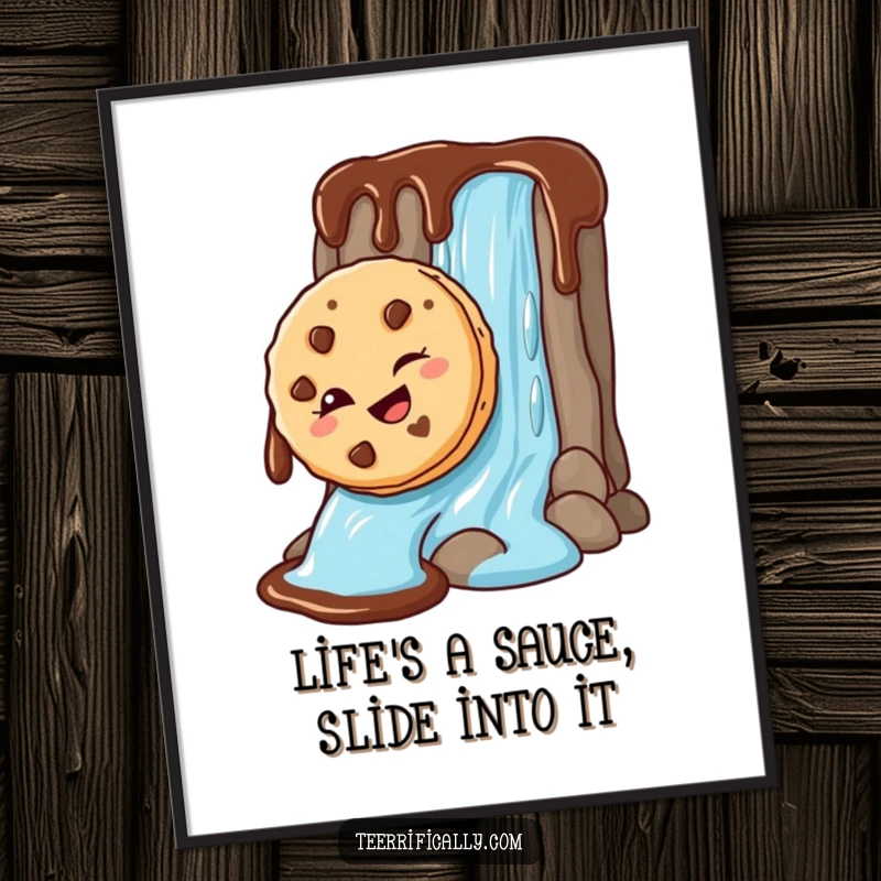 Funny free printable wall art showcasing a mischievous cookie winking as it slides down a rich chocolate sauce waterfall, a delightful scene.