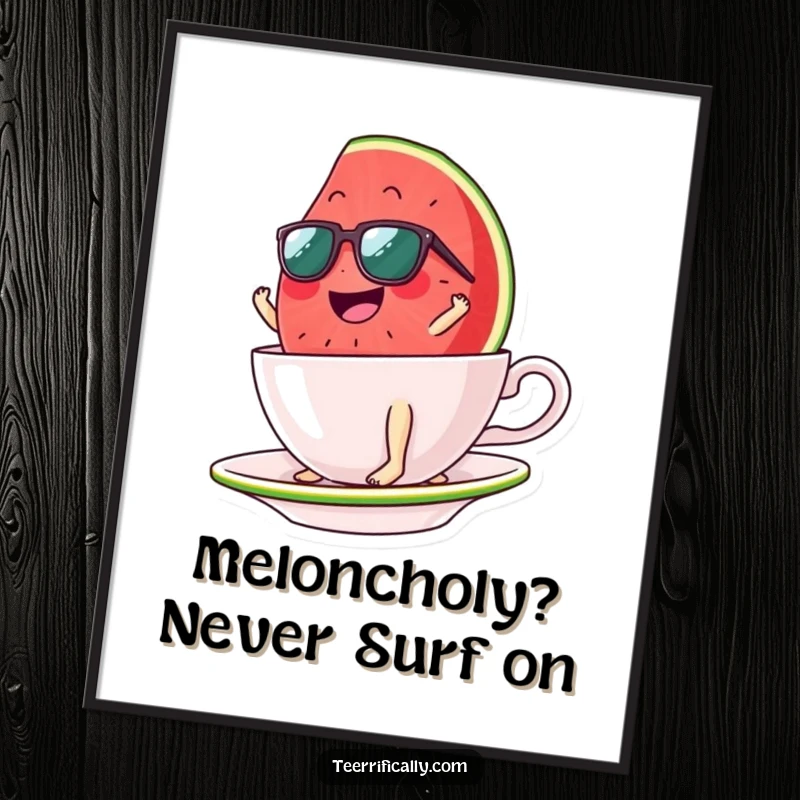 Funny Free Printable Watermelon Wall Art: Giggling watermelon slice in sunglasses masterfully surfs a gigantic teacup, exuding cool confidence.
