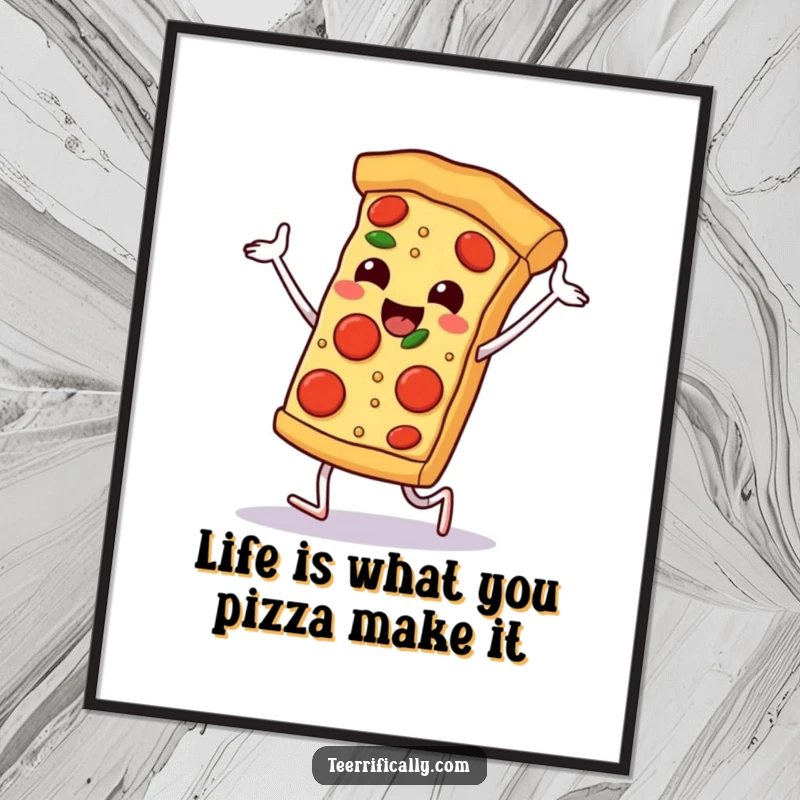 Funny Free Printable Wall Art: A happy slice of pizza doing a joyful little dance, with its pepperonis acting as cute feet.
