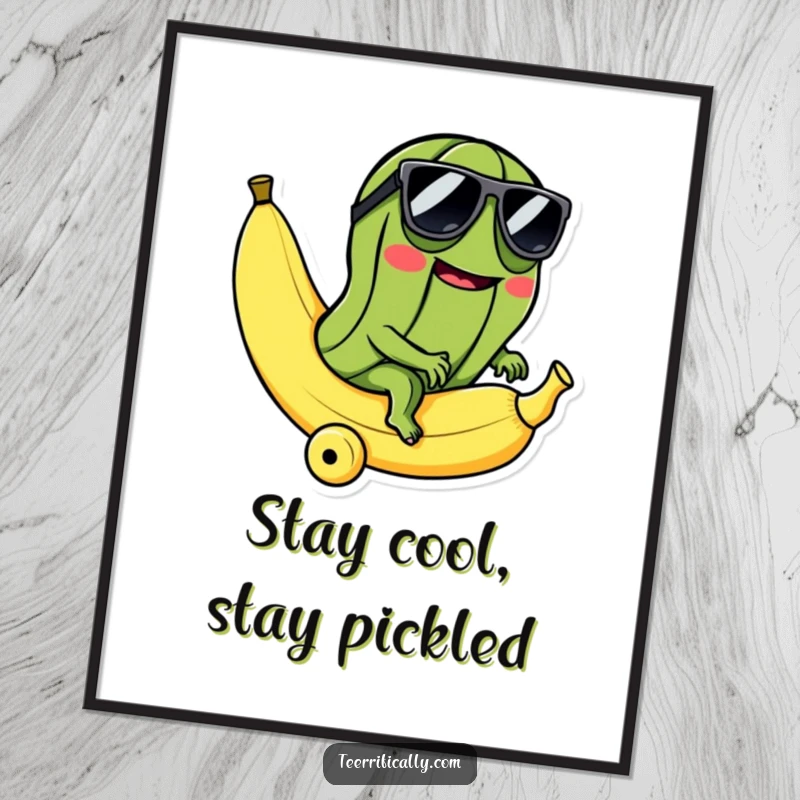 Funny Free Printable Wall Art: A mischievous pickle wearing sunglasses rides a rolling banana, exuding a cool and humorous vibe.